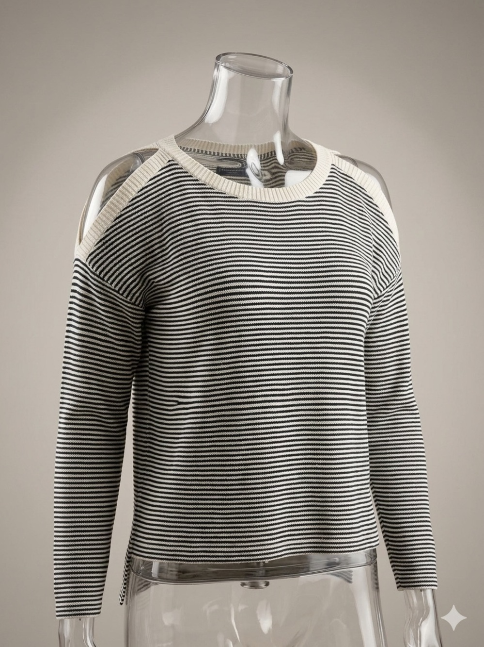 ABERCROMBIE & FITCH Cut-Out Shoulder Crewneck Shoulder Striped Blue/Gray Size S
